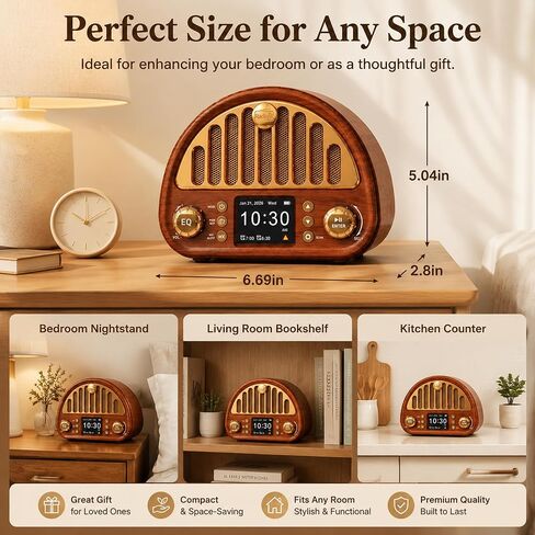 Vintage Digital Clock Radio with NOAA Weather Alert & Soft Color Display, Bluetooth FM Radio with Dual Alarm | 40 Presets | Sleep Timer, Wood-Grain Design & Easy Knob, Retro Bedside Radio for Bedroom in Saudi Arabia