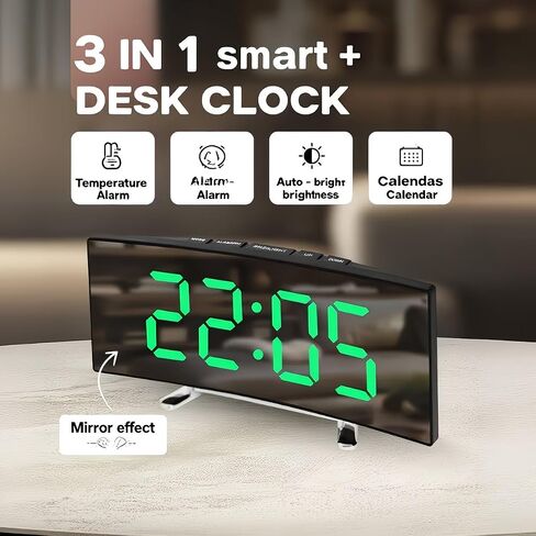 Modern Curved LED Display Digital Clock Silent Alarm Clock, Dual Power Options Battery or USB, Large Screen, Stylish Black Design, Suitable for Home Decoration in Kuwait