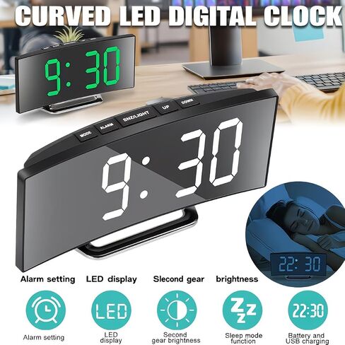 Modern Curved LED Display Digital Clock Silent Alarm Clock, Dual Power Options Battery or USB, Large Screen, Stylish Black Design, Suitable for Home Decoration in Kuwait