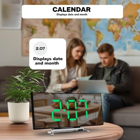 Modern Curved LED Display Digital Clock Silent Alarm Clock, Dual Power Options Battery or USB, Large Screen, Stylish Black Design, Suitable for Home Decoration in Kuwait