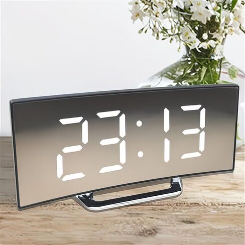 Modern Curved LED Display Digital Clock Silent Alarm Clock, Dual Power Options Battery or USB, Large Screen, Stylish Black Design, Suitable for Home Decoration in Kuwait