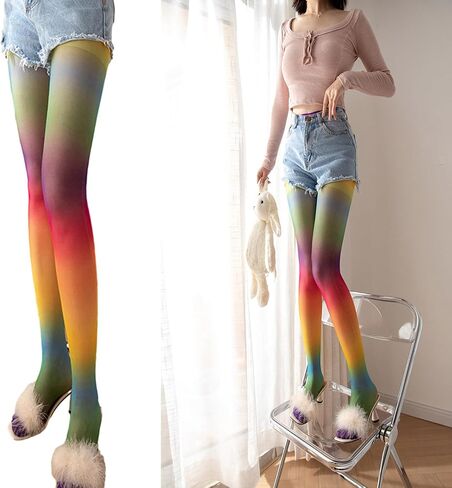 Women Rainbow Gradients Pantyhose Long Sheer Tights High Waist Pantyhose Thigh High Stockings in Saudi Arabia