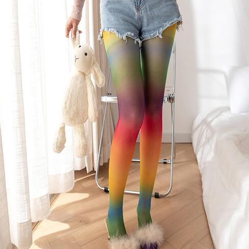 Women Rainbow Gradients Pantyhose Long Sheer Tights High Waist Pantyhose Thigh High Stockings in Saudi Arabia