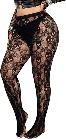 WDIRARA Women's Plus Size Goth Skull Mesh Sheer Fishnet Tights Hollow Out High Waisted Stockings Pantyhose in Kuwait