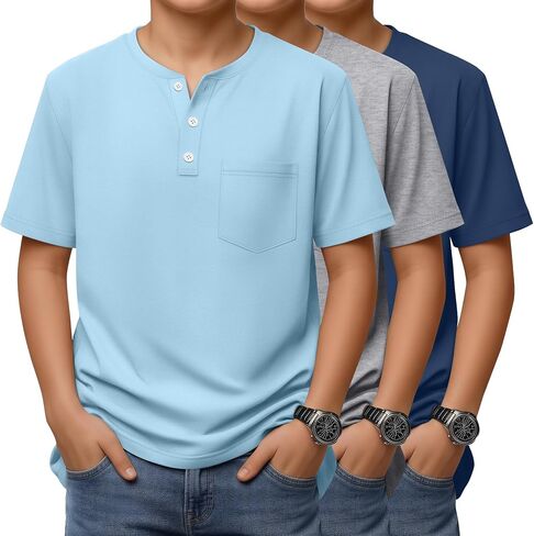 تي شيرتات Halfchet مكونة من 3 قطع للأولاد بأكمام قصيرة ورقبة دائرية من Henley تي شيرت قطني كاجوال للصيف مع 3 أزرار للأعمار من 5 إلى 16 عامًا in Kuwait