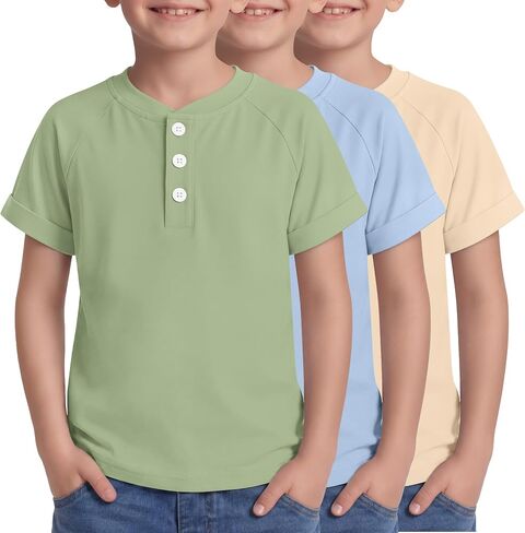 3 Pack Boys Henley Shirt Kids Short Sleeve T-Shirts Casual Summer Shirt Button up Rolled Cuff Tops Tees 5-14 Years in Saudi Arabia