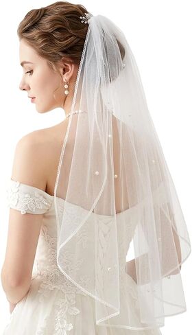 White Bridal Veil, Short Wedding Bridal Veil with Pearl 1 Tier Tulle Bride Veils with Comb Elegant Bridals Veils Headwear for Wedding Bachelorette Party Decoration Bridals Shower Gift (47cm/18.5in) in Saudi Arabia