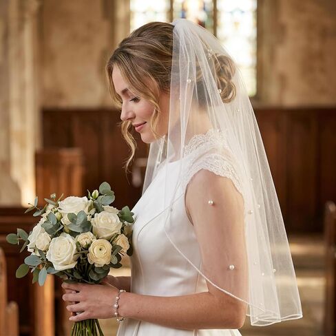White Bridal Veil, Short Wedding Bridal Veil with Pearl 1 Tier Tulle Bride Veils with Comb Elegant Bridals Veils Headwear for Wedding Bachelorette Party Decoration Bridals Shower Gift (47cm/18.5in) in Saudi Arabia