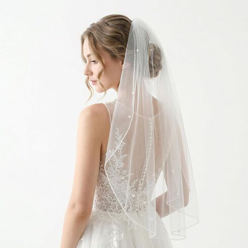 White Bridal Veil, Short Wedding Bridal Veil with Pearl 1 Tier Tulle Bride Veils with Comb Elegant Bridals Veils Headwear for Wedding Bachelorette Party Decoration Bridals Shower Gift (47cm/18.5in) in Saudi Arabia