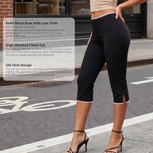 Women's High Waist Lace Capri Leggings Cotton Stretch Yoga Pants Cropped Slim Fit Casual Summer Daily Wear Shorts in Kuwait