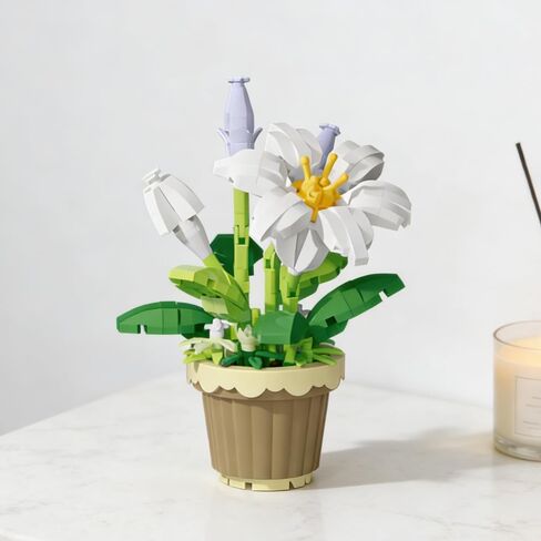 1 Piece Lily Potted Hand-Assembled Figurine, Mini Flower Pot Desk Decor, Botanical Theme Collectible Statue for Home Office Shelf in Kuwait