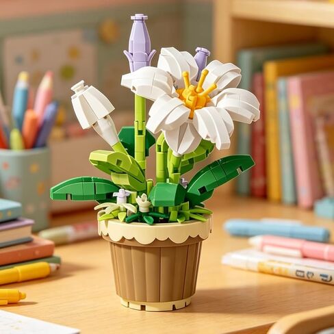 1 Piece Lily Potted Hand-Assembled Figurine, Mini Flower Pot Desk Decor, Botanical Theme Collectible Statue for Home Office Shelf in Kuwait
