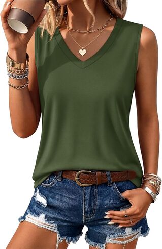YUCOLEN Women's Tank Tops Sleeveless V Neck Loose Fit Shirts Summer Flowy Curved Hem UPF 50+ Basic Clothes in Saudi Arabia