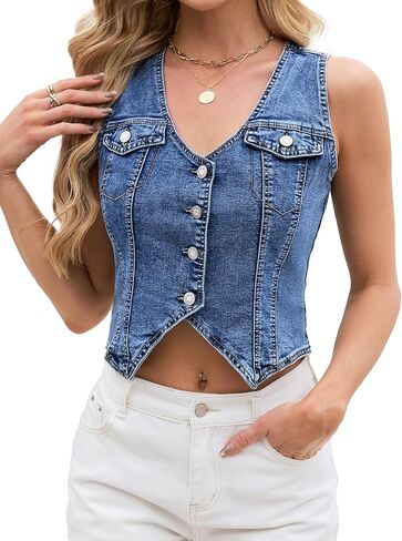 Genhoo Denim Vest Sleeveless Jean Vest Top for Women Button Front V Neck Denim Top for Summer Western Country Concert Outfits in Saudi Arabia