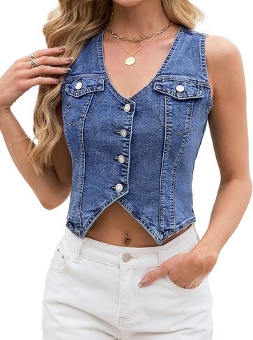 Genhoo Denim Vest Sleeveless Jean Vest Top for Women Button Front V Neck Denim Top for Summer Western Country Concert Outfits in Saudi Arabia