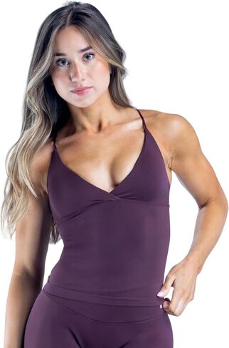 Womens Spaghetti Strap Workout Tank Built in Bra V Neck Twist Front Longline Sports Bra Active Gym Yoga Crop Top in Saudi Arabia