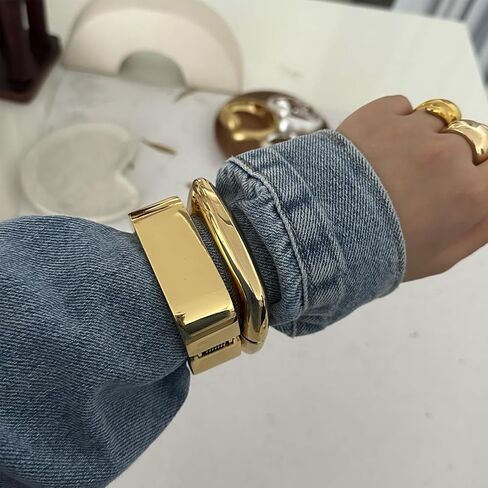 eartif Chunky Gold Bangle for Women Trendy Square Wide Cuff Bangle Stackable Bangles Bracelets 2PCS Big Gold Bangles Set Gold jewelry Gift in Kuwait