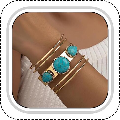 Gold and Turquoise Bracelets for Women, Boho Western Cuff Bracelet, Chic Country Concert Outfits, Rural Style Fashion Jewelry in Saudi Arabia