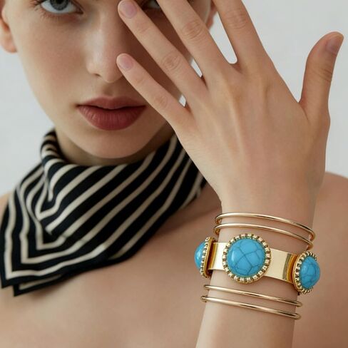 Gold and Turquoise Bracelets for Women, Boho Western Cuff Bracelet, Chic Country Concert Outfits, Rural Style Fashion Jewelry in Saudi Arabia