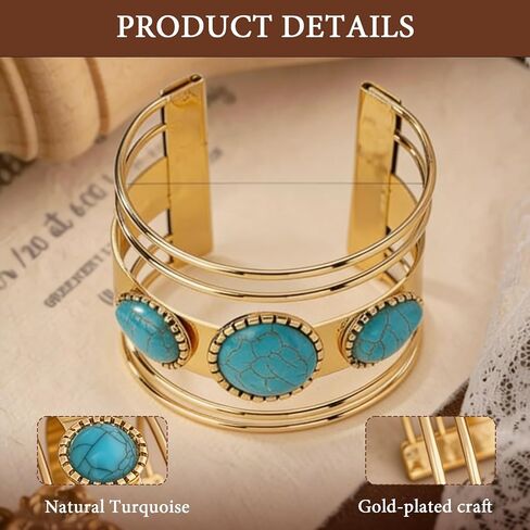Gold and Turquoise Bracelets for Women, Boho Western Cuff Bracelet, Chic Country Concert Outfits, Rural Style Fashion Jewelry in Saudi Arabia