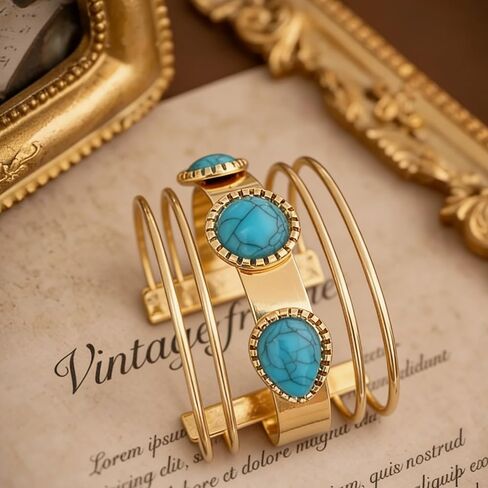 Gold and Turquoise Bracelets for Women, Boho Western Cuff Bracelet, Chic Country Concert Outfits, Rural Style Fashion Jewelry in Saudi Arabia
