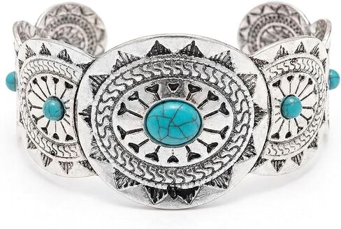 Western Bracelets for Women,Vintage Silver Turquoise Cuff Bracelet Wide Open Bangle,Boho Cuff Bracelets for Women,Chunky Engraved Cowgirl Country Style Jewelry for Festival Rodeo Gift in Saudi Arabia