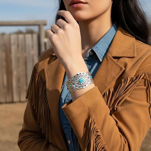 Western Bracelets for Women,Vintage Silver Turquoise Cuff Bracelet Wide Open Bangle,Boho Cuff Bracelets for Women,Chunky Engraved Cowgirl Country Style Jewelry for Festival Rodeo Gift in Saudi Arabia