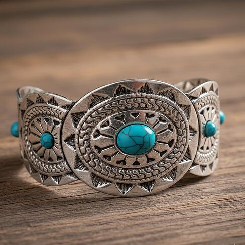 Western Bracelets for Women,Vintage Silver Turquoise Cuff Bracelet Wide Open Bangle,Boho Cuff Bracelets for Women,Chunky Engraved Cowgirl Country Style Jewelry for Festival Rodeo Gift in Saudi Arabia