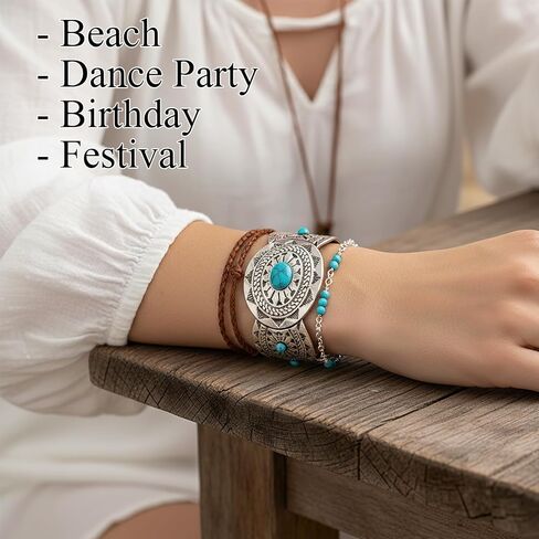Western Bracelets for Women,Vintage Silver Turquoise Cuff Bracelet Wide Open Bangle,Boho Cuff Bracelets for Women,Chunky Engraved Cowgirl Country Style Jewelry for Festival Rodeo Gift in Saudi Arabia