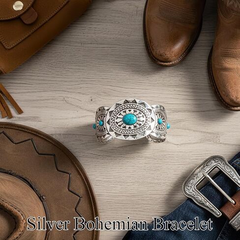 Western Bracelets for Women,Vintage Silver Turquoise Cuff Bracelet Wide Open Bangle,Boho Cuff Bracelets for Women,Chunky Engraved Cowgirl Country Style Jewelry for Festival Rodeo Gift in Saudi Arabia