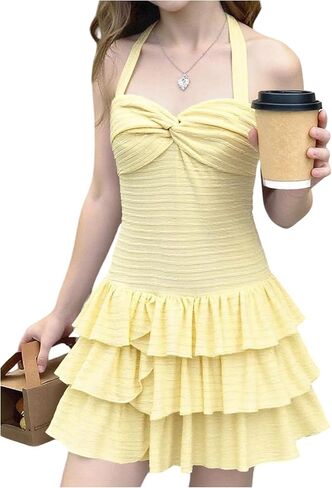 SweatyRocks Girl's Twist Front A Line Halter Dresses Summer Sleeveless Ruffle Layered Swing Dress in Kuwait
