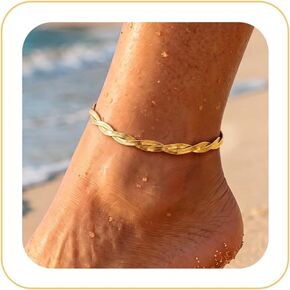 Moodear Gold Anklet for Women - 14K Gold Plated Twisted Snake Chain Anklet, Minimalist Waterproof Herringbone Anklet Bracelet for Beach Vacation Summer Jewelry Gift in Saudi Arabia