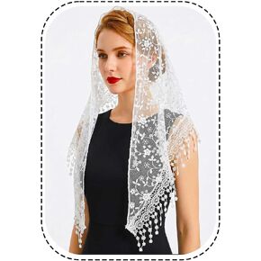 HEREAD Lace Triangle Mantilla Veil White Flower Chapel Veils Latin Mass Head Covering Scarf with Fringed for Women in Saudi Arabia