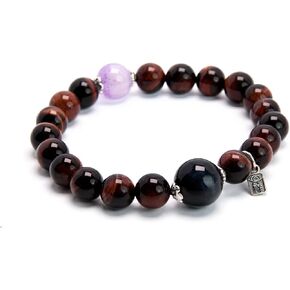 Natural Tiger Eye Stone Bracelet with Amethyst and Black Onyx Beads Silver Charm, Elastic Stretch Design in Saudi Arabia