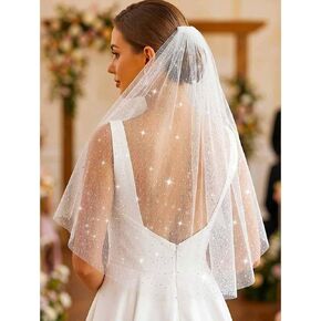 HEREAD Glitter Bride Wedding Veil 1 Tier Short Sparkle Shoulder Length Bridal Tulle Veils with Comb for Women in Saudi Arabia