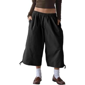 Women's Wide Leg Cargo Capris Pants Elastic Waist Baggy Cropped Pants with Poackets (Black-L) in Saudi Arabia