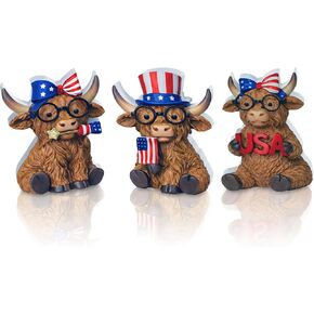 Xuhal 3 Pcs 4th of July Decorations Patriotic Highland Cow Decor Figurines Wooden Signs Memorial Day Highland Cow USA Star Stripes Cows for 250th Anniversary Home Office Farmhouse Tiered Tray Shelf in Saudi Arabia