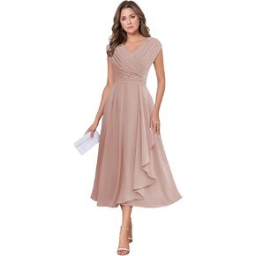 Chiffon Tea Length Mother of The Bride Dresses for Wedding Cap Sleeve Lace Applique Short Formal Evening Gown for Women in Kuwait