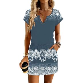 SAUKOLE Womens Summer Dresses Casual Short Sleeve V Neck Drawstring Waist Sundress with Pockets in Saudi Arabia