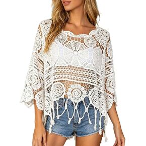 Womens Plain Fringe Trim Cut Out Sheer Cover Up,Boho Swim Coverup 3/4 Sleeve Beach Pool Bathing Suit Coverups in Saudi Arabia
