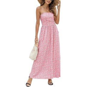 Women's Women 2022 Summer Strapless Boho Ditsy Floral Tube Top Hawaiian Sundresses Beach Party Long Maxi Dress in Saudi Arabia