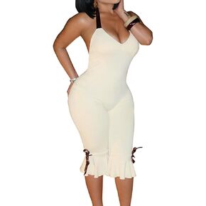 LAJIOJIO Women's Bodycon V Neck Jumpsuit Halter Backless Tie Capri Romper One Piece Club Party Outfits in Saudi Arabia
