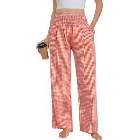 سراويل بيجامة نسائية من SWOMOG مصنوعة من القطن 100% مخططة من القماش القطني عالية الخصر وواسعة الساق للاستراحة كاجوال مريحة من PJ مع جيوب in Kuwait