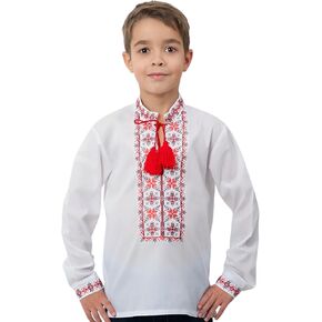 Skrynia Boys' White Embroidered Shirt Red Black Geometric Vyshyvanka Long Sleeve School & Holiday Top Comfortable Fit in Saudi Arabia