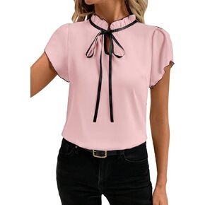 Women's Cute Tie Ruffle Trim Mock Neck Summer Puff Short Sleeve Elegant Office Blouse Shirt Tops in Saudi Arabia