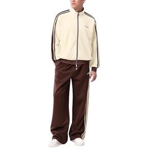 Men's Lightweight Jacket + Pants Two-Way Zip UP Casual Athletic Men's 2 Pieces Sets Zipper Pocket Embroidery Stand Collar Striped M Khaki in Kuwait