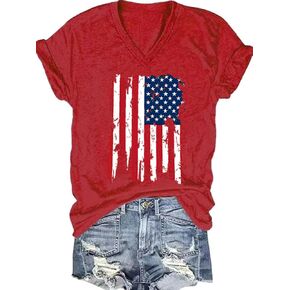 PUCKOLITY American Flag Patriotic V-Neck Shirt Women 4th of July T-Shirt USA Flag Stars Stripes Graphic Tee Tops in Saudi Arabia