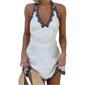 GORGLITTER Women's Polka Dots Deep V Halter Dress Y2K Lace Trim Open Back Party Going Out Mini Dresses in Saudi Arabia