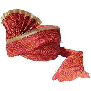 Indian Rajasthani Style Wedding Cotton Silk Traditional Barat Swagat Turban Sehra Pagdi for Men and Women, Pack of 1 (Red) in Kuwait