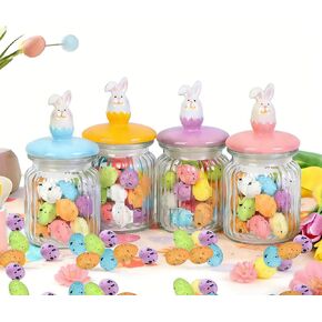 Easter Bunny Glass Jar Decorations- Glass Jars with Ceramic Bunny Ear Lid and Airtight -4 PcsEaster Glass Storage for Chocolate Candy Sweets Gift Mini Eggs Table Decoration（include Eggs） in Saudi Arabia